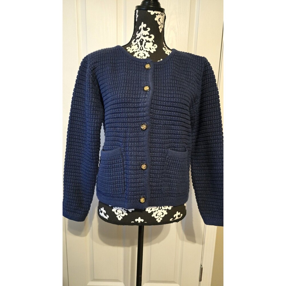 Pretty Garden Navy Knit Cardigan Sweater Medium Long Sleeve Golden Buttons NWT